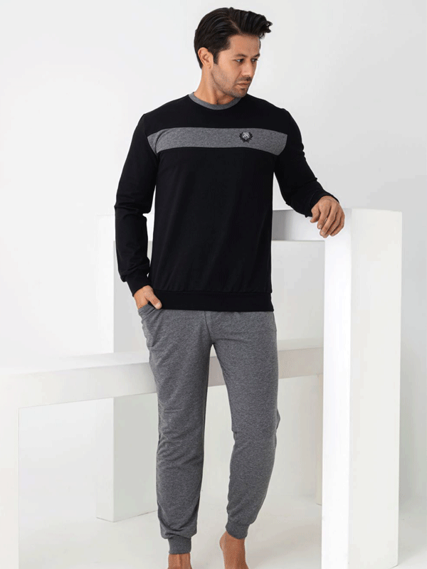 ERKEK %100 PAMUKLUUZUN KOLLU MANŞETLİ PİJAMA TAKIMI 071040 - 3