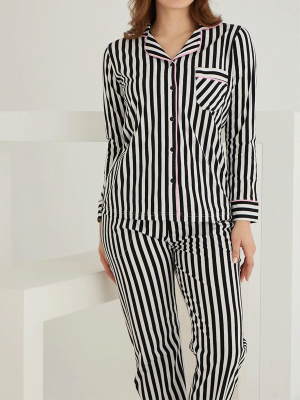 PAMUKLU ÖNDEN DÜĞMELİ ÇİZGİLİ GÖMLEK MODEL BAYAN PİJAMA TAKIMI 021210 - 3