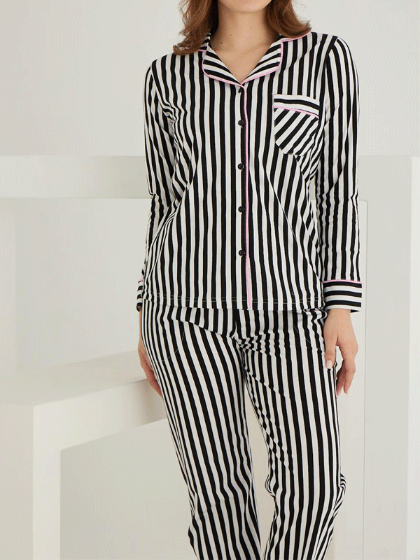 PAMUKLU ÖNDEN DÜĞMELİ ÇİZGİLİ GÖMLEK MODEL BAYAN PİJAMA TAKIMI 021210 - 3