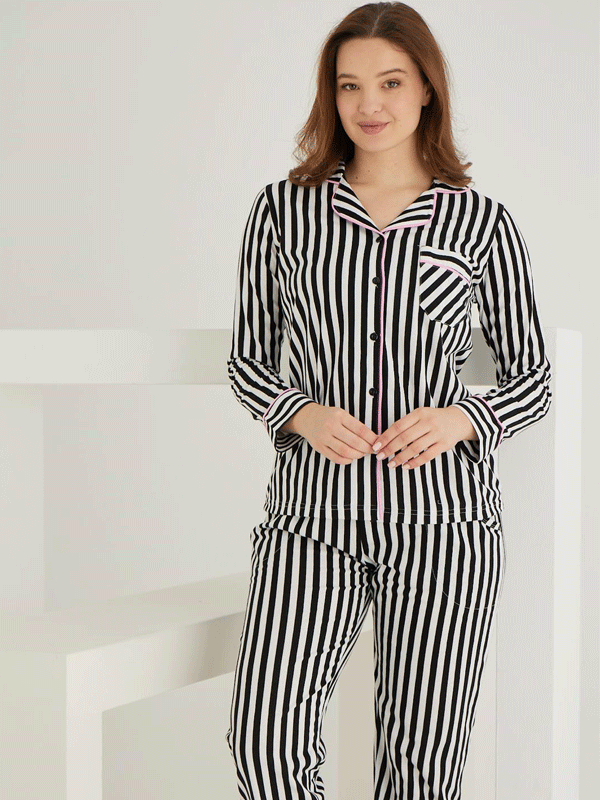 PAMUKLU ÖNDEN DÜĞMELİ ÇİZGİLİ GÖMLEK MODEL BAYAN PİJAMA TAKIMI 021210 - 2