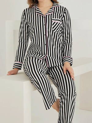 PAMUKLU ÖNDEN DÜĞMELİ ÇİZGİLİ GÖMLEK MODEL BAYAN PİJAMA TAKIMI 021210 - 4