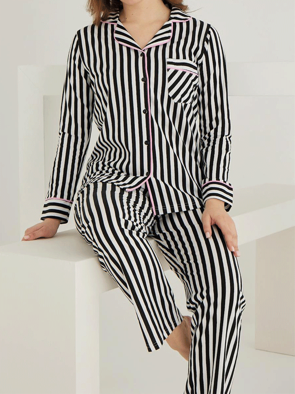 PAMUKLU ÖNDEN DÜĞMELİ ÇİZGİLİ GÖMLEK MODEL BAYAN PİJAMA TAKIMI 021210 - 4