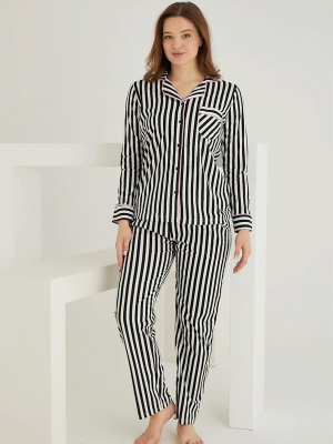 PAMUKLU ÖNDEN DÜĞMELİ ÇİZGİLİ GÖMLEK MODEL BAYAN PİJAMA TAKIMI 021210 - LİNOTTİ