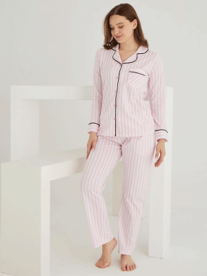 PAMUKLU ÖNDEN DÜĞMELİ ÇİZGİLİ GÖMLEK MODEL BAYAN PİJAMA TAKIMI 021210 - 6