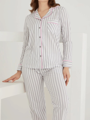PAMUKLU ÖNDEN DÜĞMELİ ÇİZGİLİ GÖMLEK MODEL BAYAN PİJAMA TAKIMI 021210 - 11