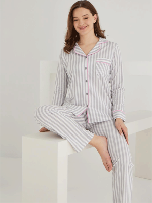 PAMUKLU ÖNDEN DÜĞMELİ ÇİZGİLİ GÖMLEK MODEL BAYAN PİJAMA TAKIMI 021210 - 9
