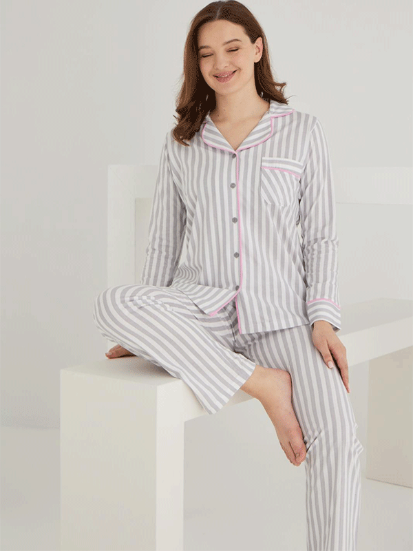 PAMUKLU ÖNDEN DÜĞMELİ ÇİZGİLİ GÖMLEK MODEL BAYAN PİJAMA TAKIMI 021210 - 9
