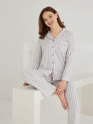 PAMUKLU ÖNDEN DÜĞMELİ ÇİZGİLİ GÖMLEK MODEL BAYAN PİJAMA TAKIMI 021210 - 12