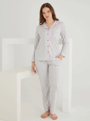 PAMUKLU ÖNDEN DÜĞMELİ ÇİZGİLİ GÖMLEK MODEL BAYAN PİJAMA TAKIMI 021210 - 10